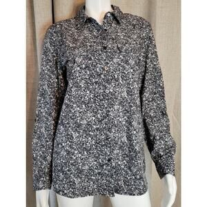 Lands' End Women's Gray Ditsy Floral Button Up Long Sleeve Shirt Pockets Size M